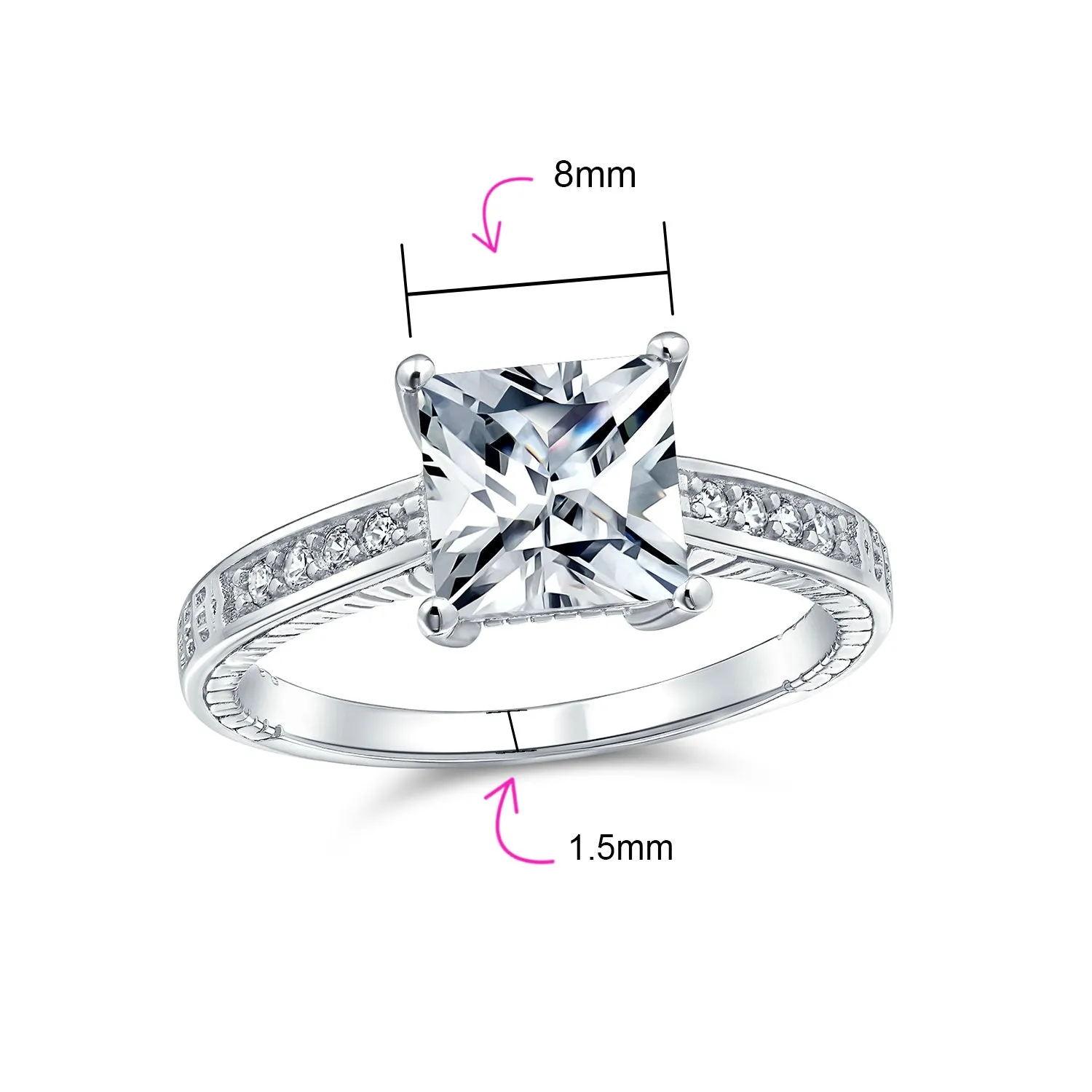 Classic CZ Princess Cut Solitaire Engagement Ring in Sterling Silver Band