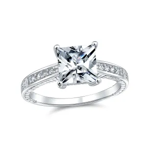 Classic CZ Princess Cut Solitaire Engagement Ring in Sterling Silver Band