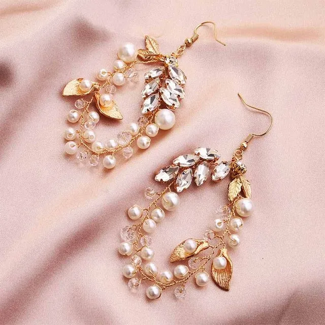 Classic Gold Leaves, Crystal Wedding Earring