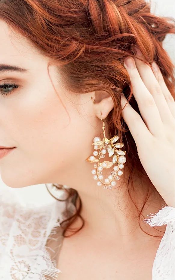 Classic Gold Leaves, Crystal Wedding Earring