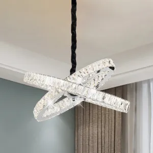 Crossed Rings Chandelier: Beveled Crystal-Encrusted LED Pendant Light in Stainless Steel