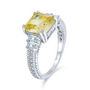 Elegant Art Deco 2CT Canary Yellow CZ Asscher Cut Engagement Ring with Baguettes