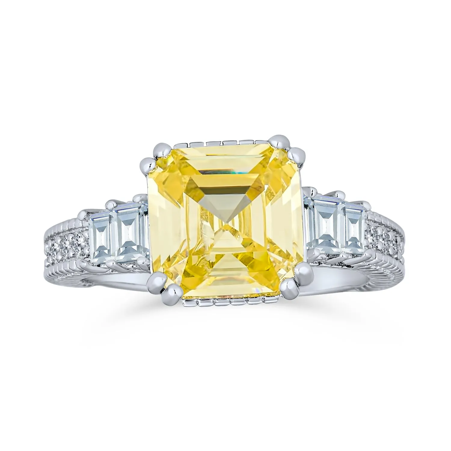 Elegant Art Deco 2CT Canary Yellow CZ Asscher Cut Engagement Ring with Baguettes