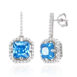 Elegant Sparkling Blue Drop Earrings with Halo