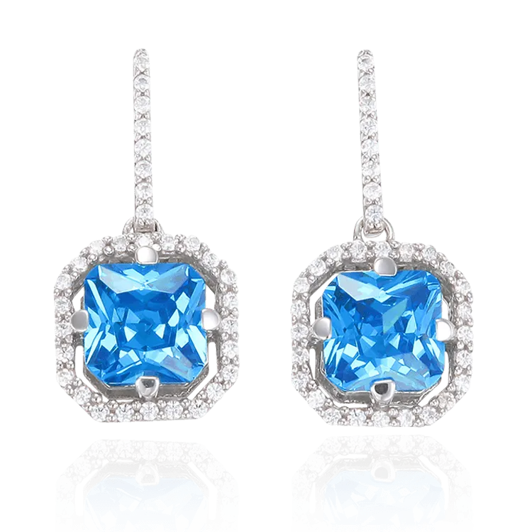 Elegant Sparkling Blue Drop Earrings with Halo