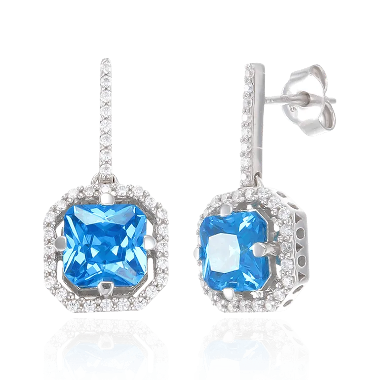 Elegant Sparkling Blue Drop Earrings with Halo