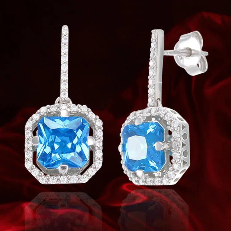 Elegant Sparkling Blue Drop Earrings with Halo