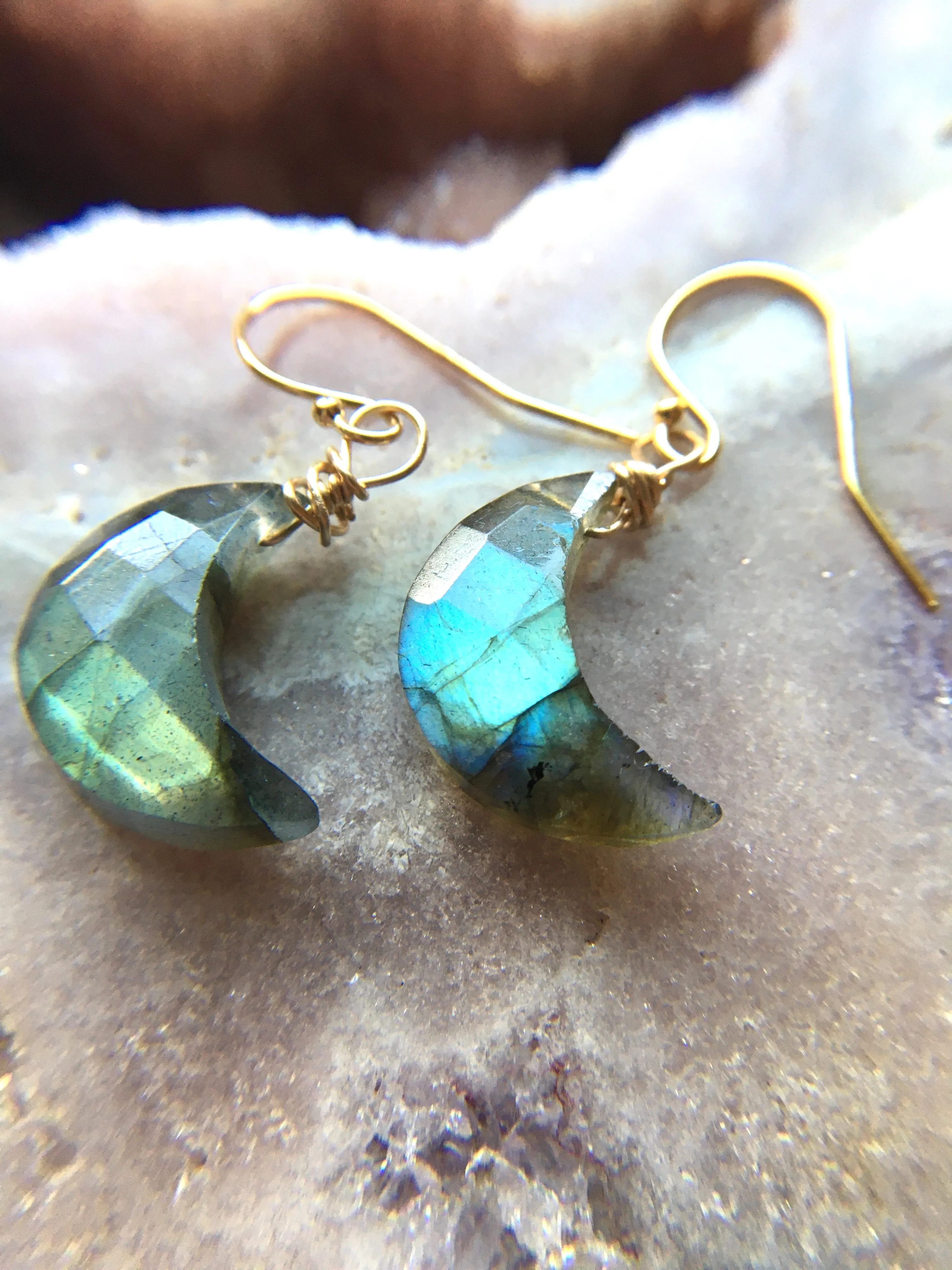 Faceted Mini Labradorite Moon Crystal Earrings