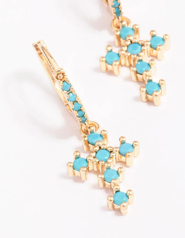 Gold Cubic Zirconia & Turqouise Cross Drop Earrings