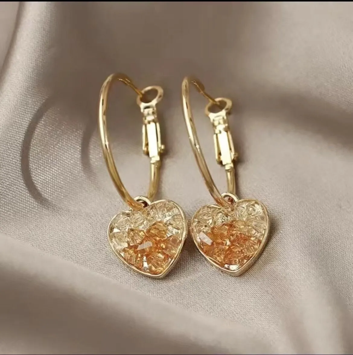 Gold Hoop Earrings with Crushed Crystal Heart Charms-jlt11715