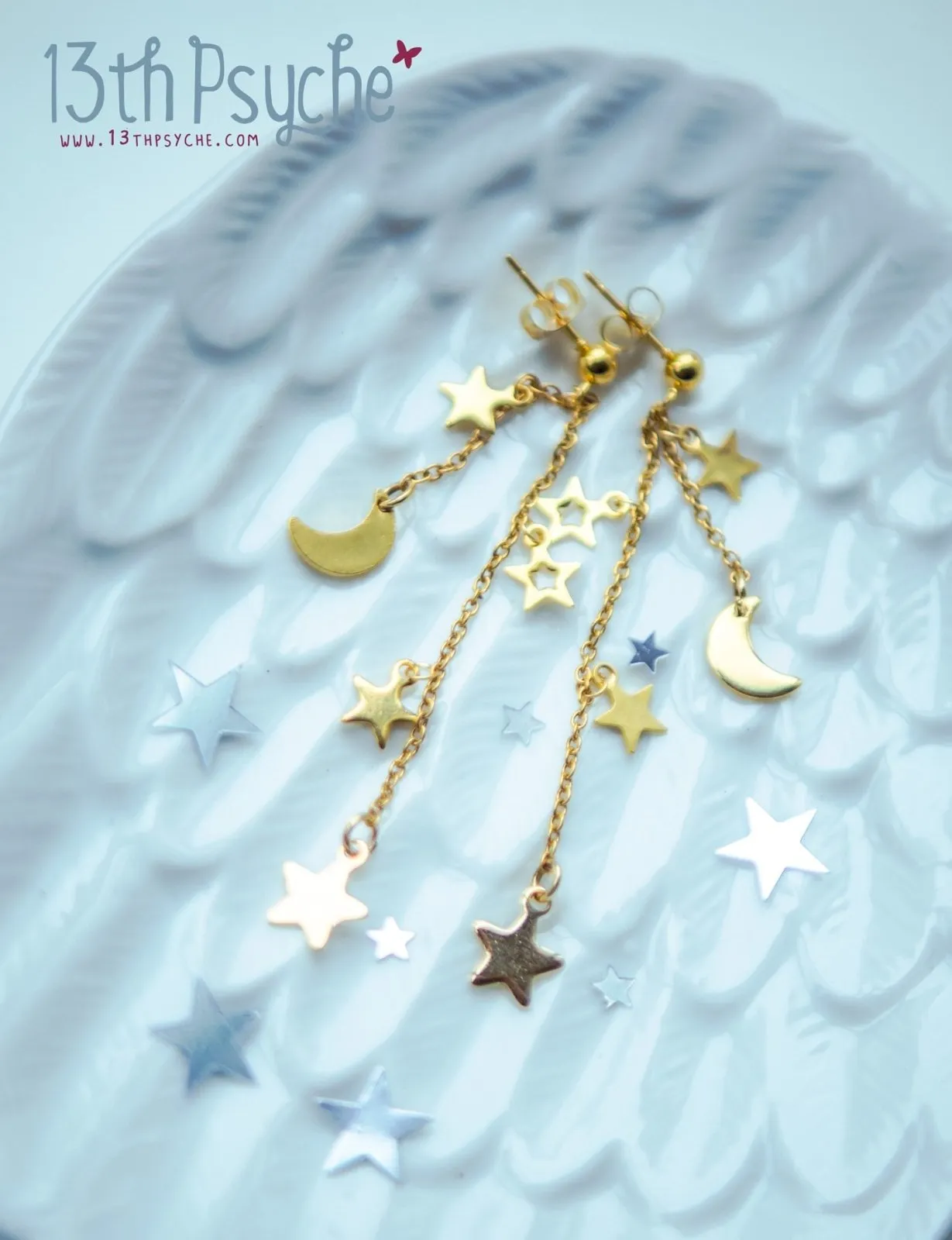 Gold moon and stars dangle earrings