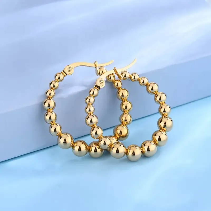 Gold Stainless Steel Round Bead Hoop Earrings