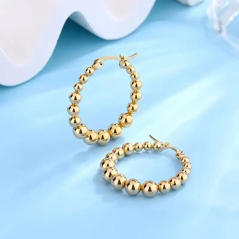 Gold Stainless Steel Round Bead Hoop Earrings