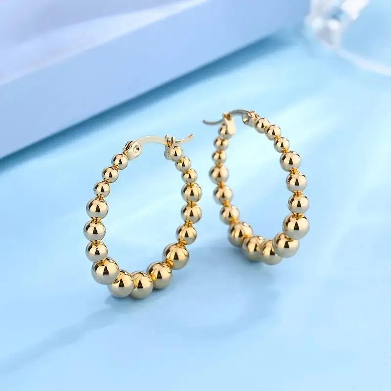 Gold Stainless Steel Round Bead Hoop Earrings