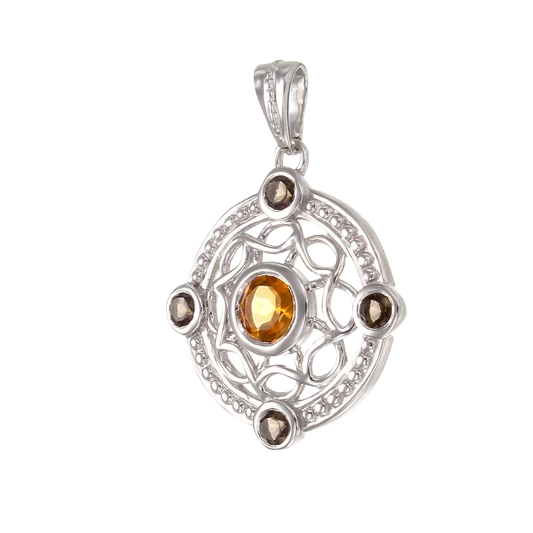 Graceful Eastern Inspired Natural Citrine and Smoky Quartz Pendant