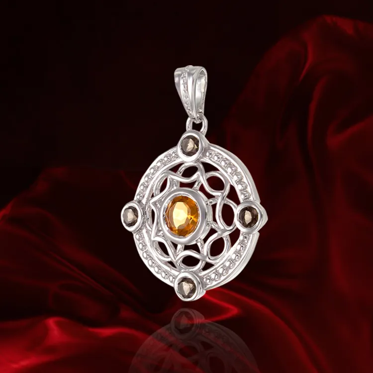 Graceful Eastern Inspired Natural Citrine and Smoky Quartz Pendant