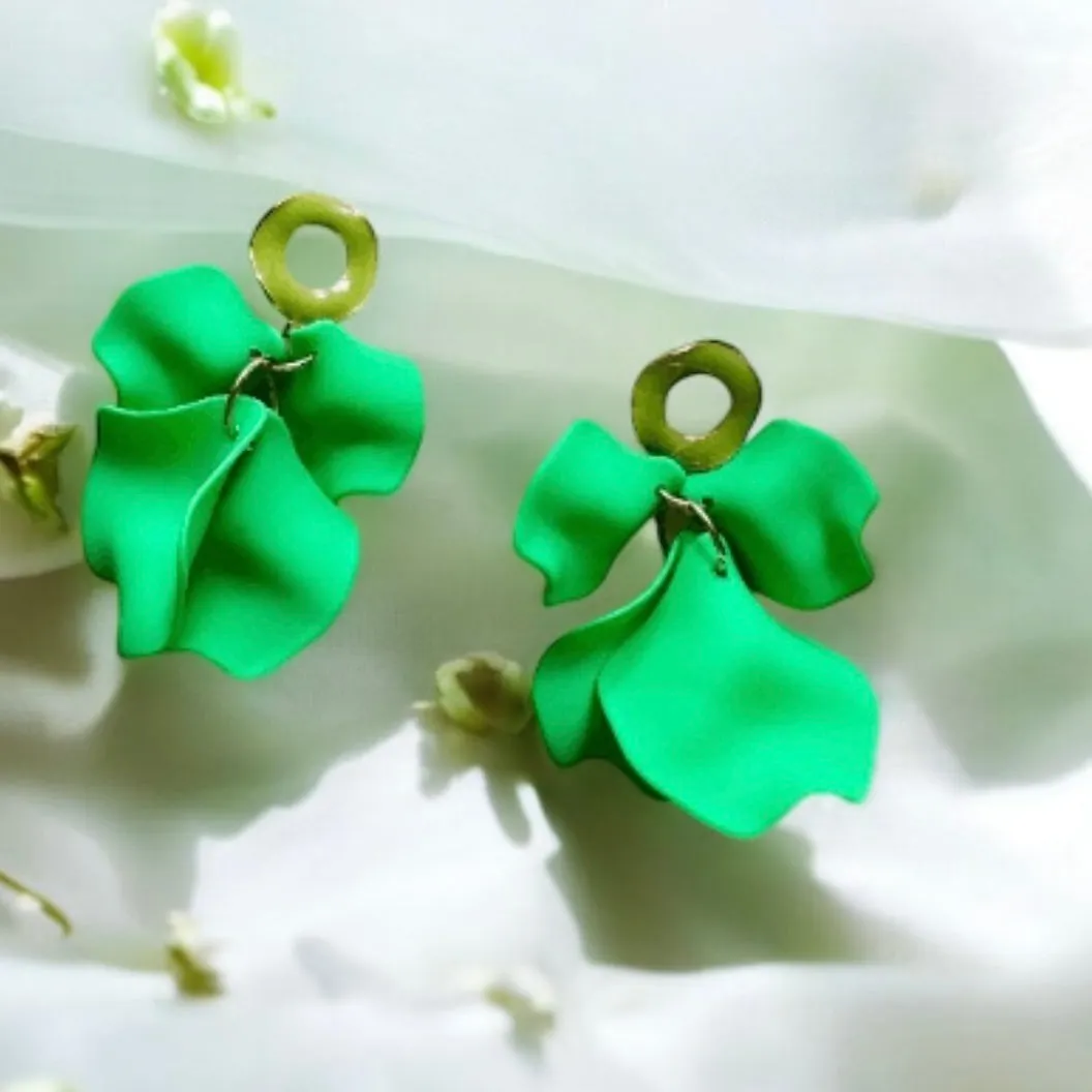 Green - Light green flower earrings | dangle petals statement earrings | unique golden bar floral earrings | bridal party wedding earrings