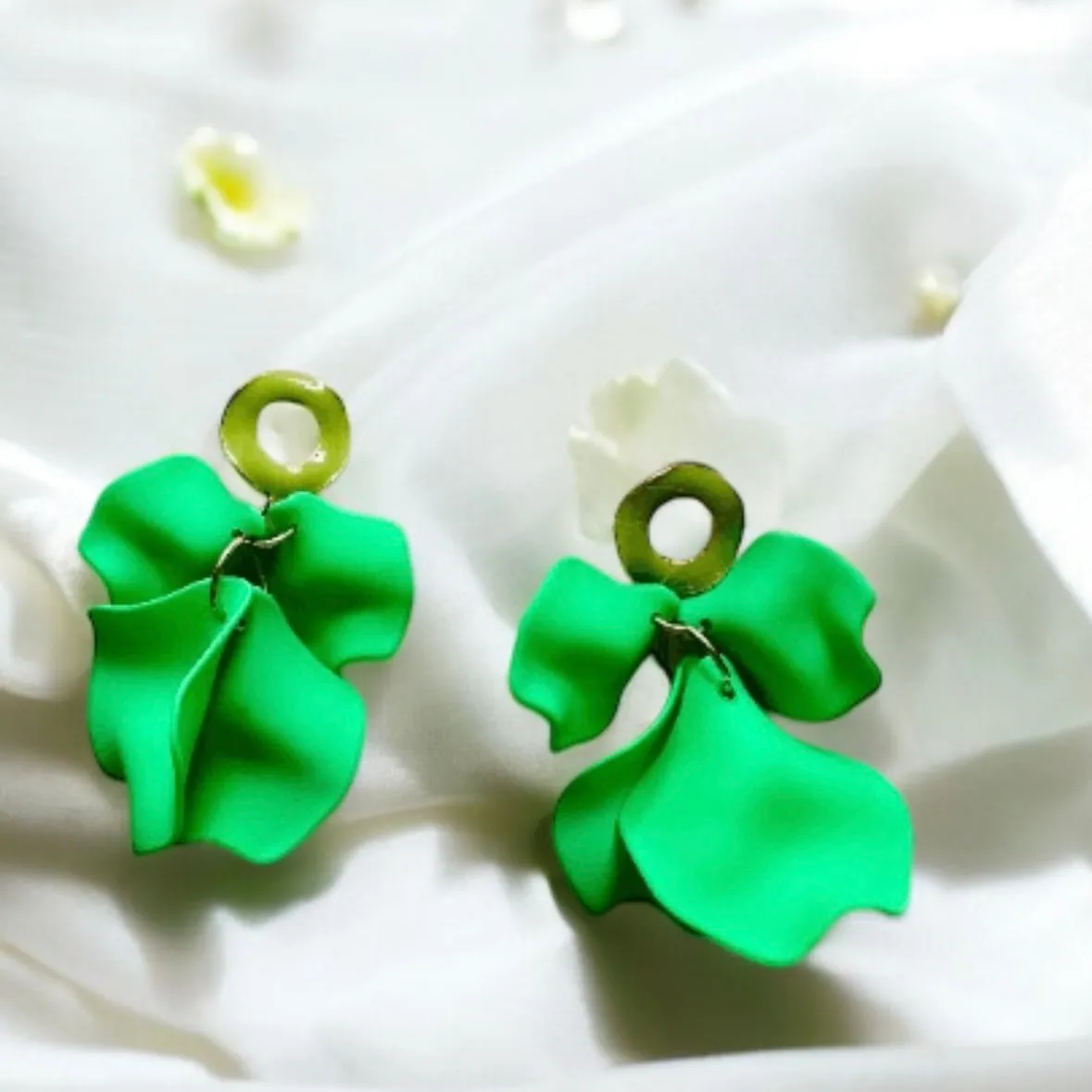 Green - Light green flower earrings | dangle petals statement earrings | unique golden bar floral earrings | bridal party wedding earrings