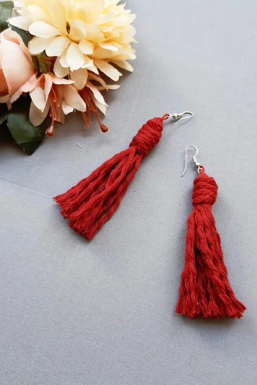 Handcrafted Macrame Tassel Earrings - Red