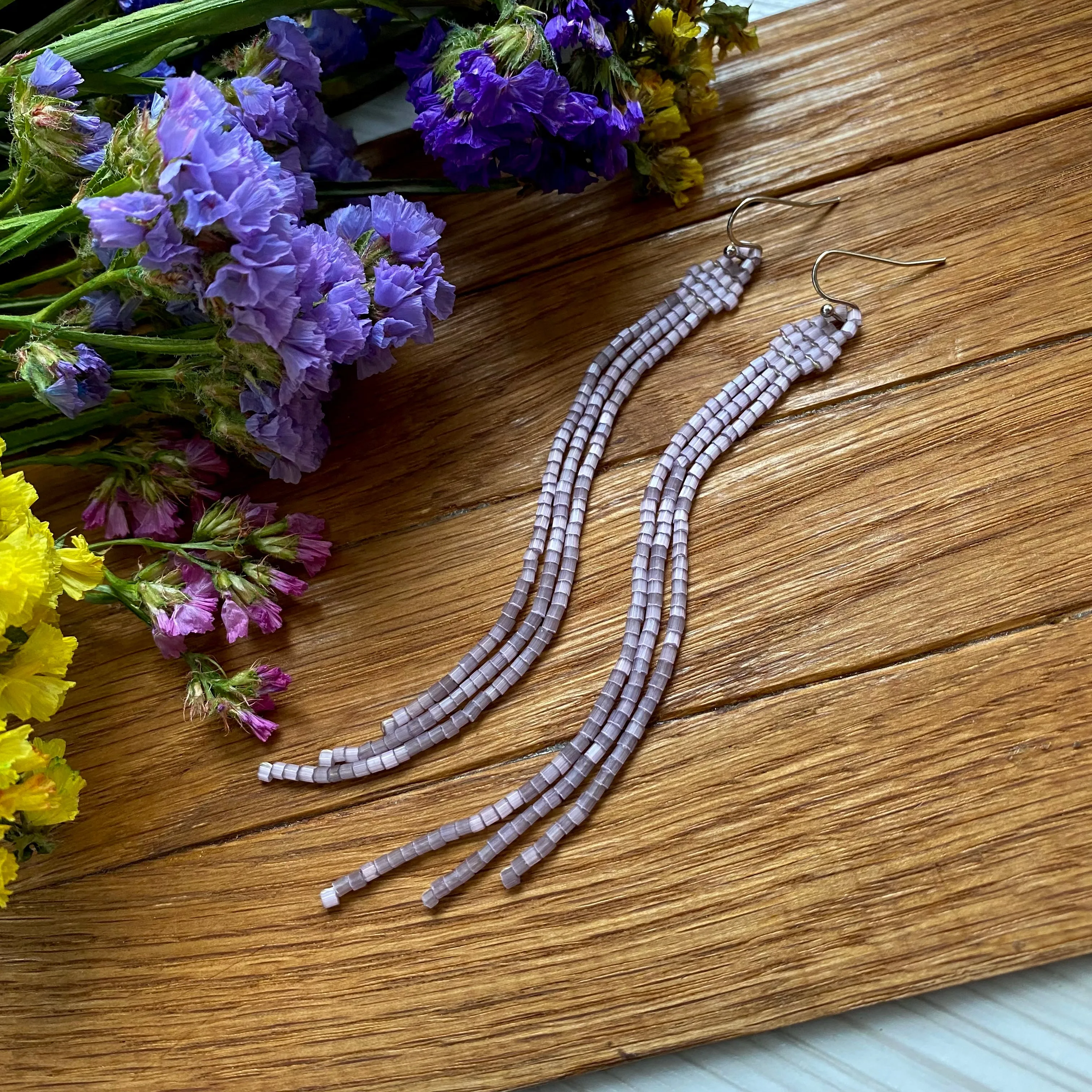 Handmade long Dainty Wisteria Seed Bead Boho Earrings