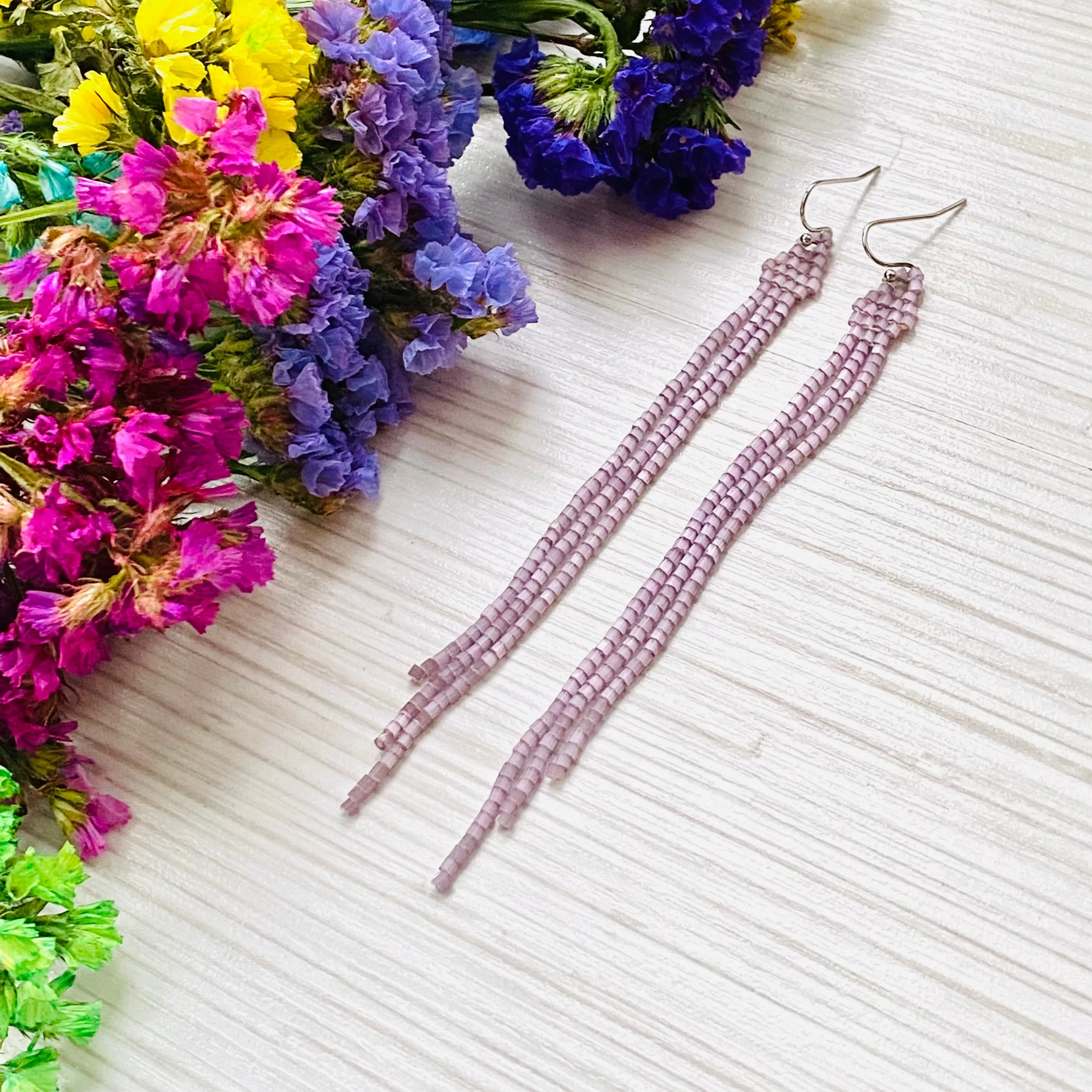 Handmade long Dainty Wisteria Seed Bead Boho Earrings