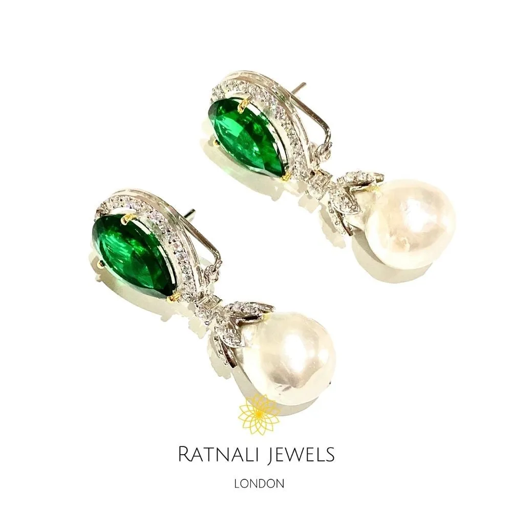 Lulit | Baroque Pearl, Emerald and Simulated Diamond Drop Earrings