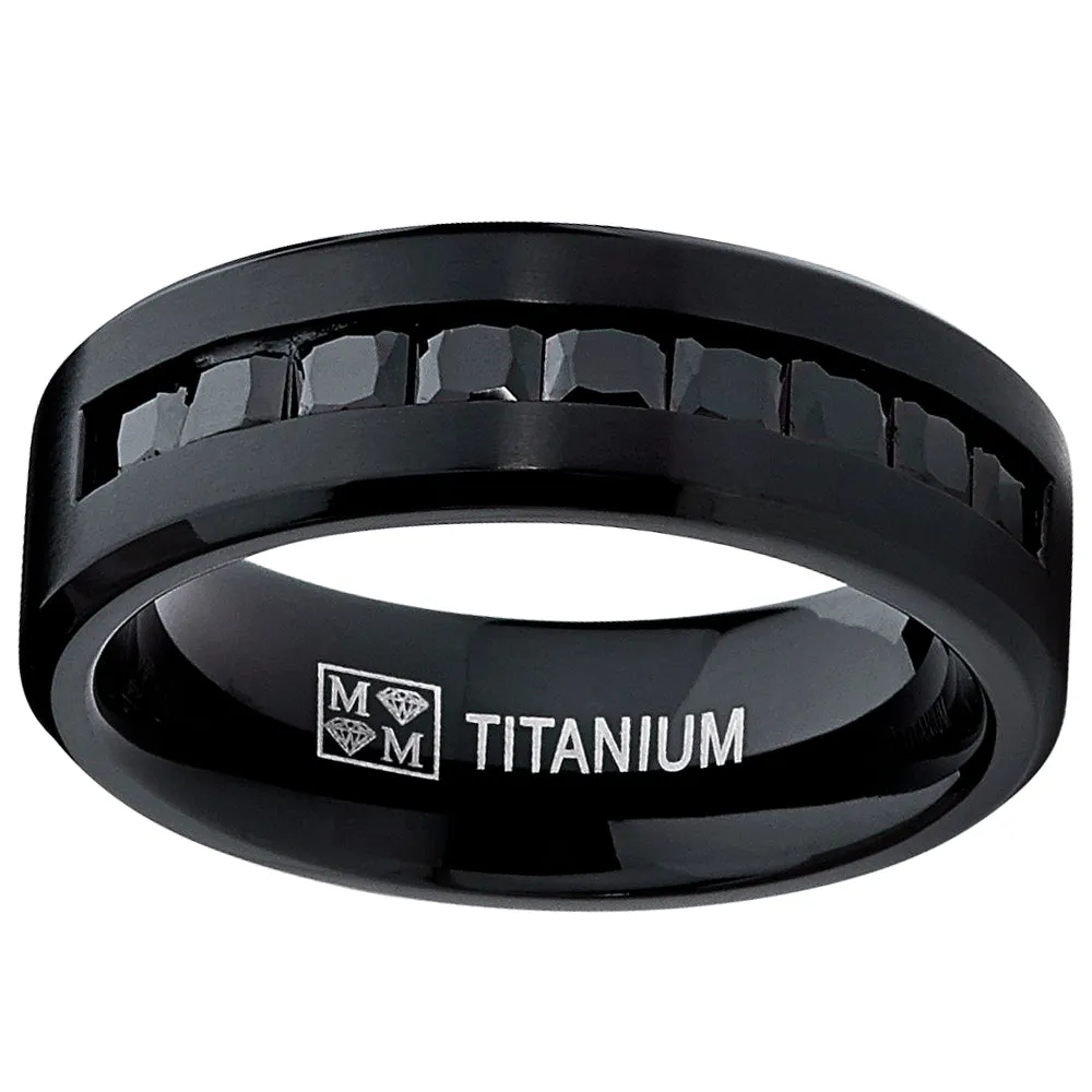 Men's Black Titanium Ring Wedding Engagement Band With 9 Large Princess Cut Channel Set Black CZ, 8mm Sizes 7-13