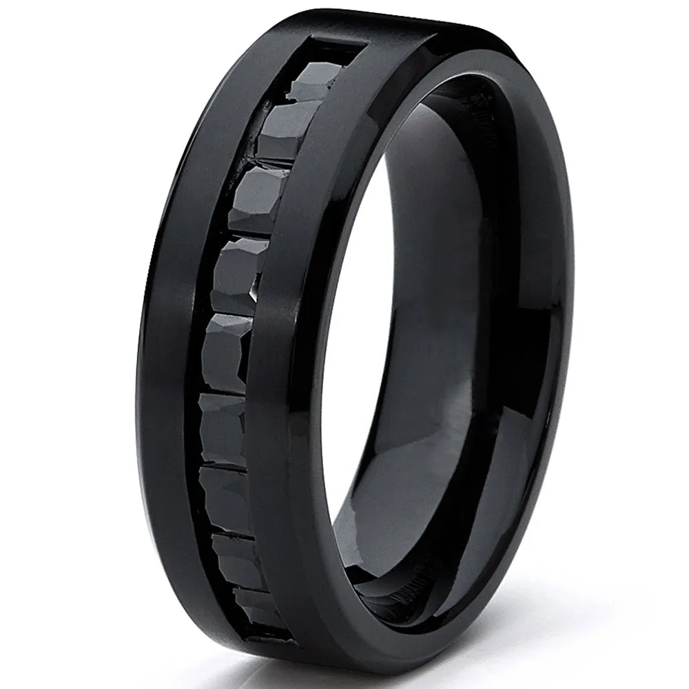 Men's Black Titanium Ring Wedding Engagement Band With 9 Large Princess Cut Channel Set Black CZ, 8mm Sizes 7-13