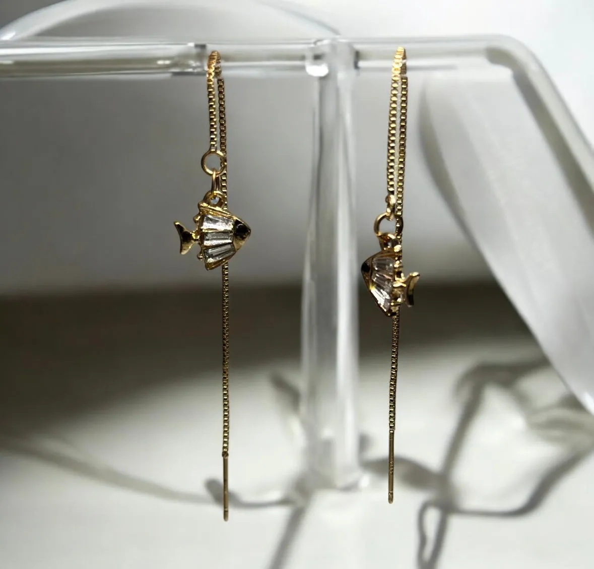 Minimalist - Golden fish dangle threader earrings | chain rhinestone dangle earrings | minimalist elegant statement earrings | cute kawaii earrings