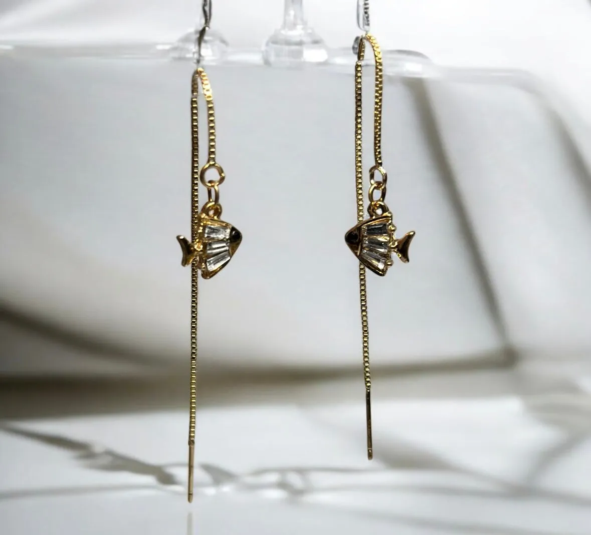 Minimalist - Golden fish dangle threader earrings | chain rhinestone dangle earrings | minimalist elegant statement earrings | cute kawaii earrings