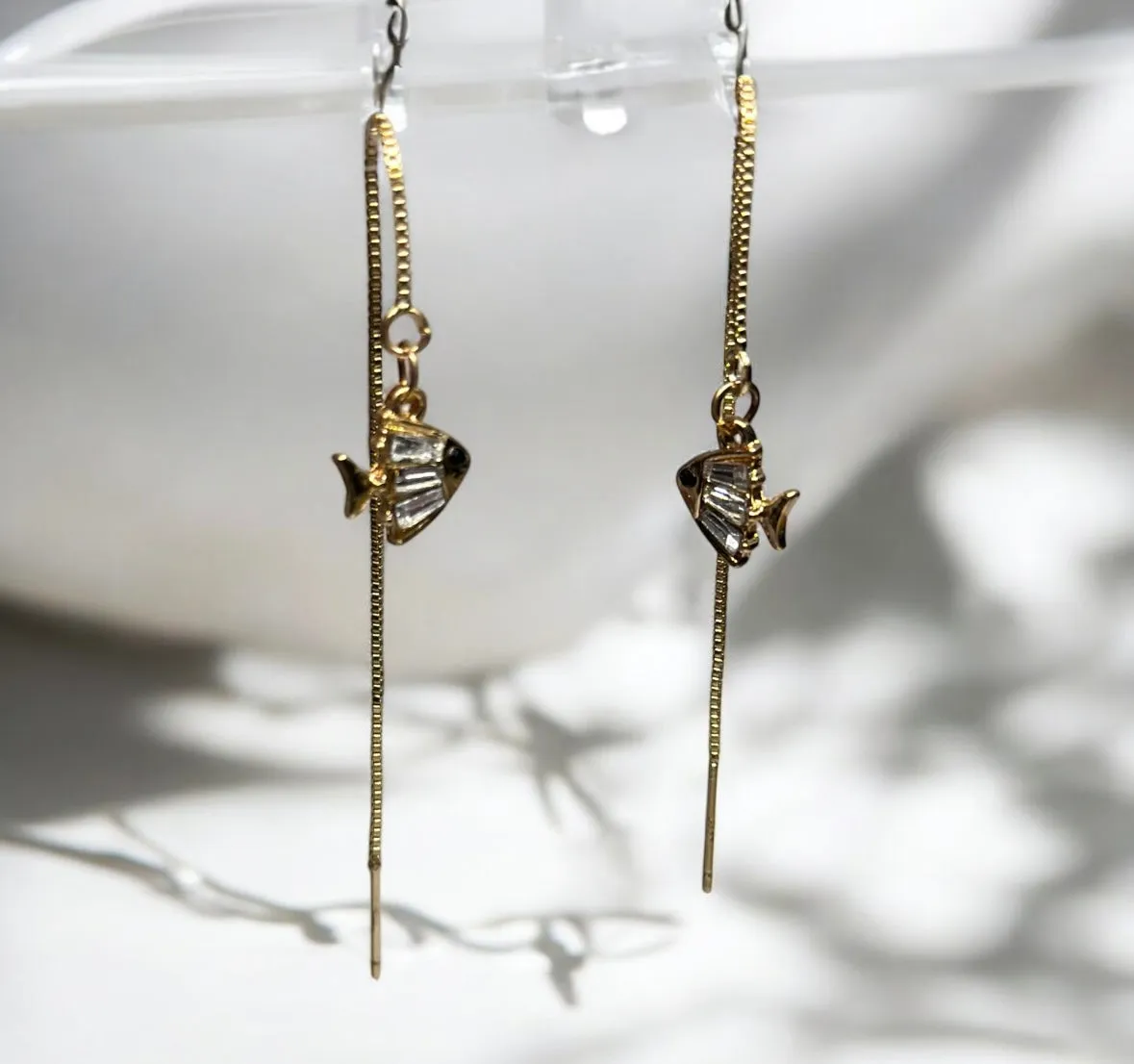 Minimalist - Golden fish dangle threader earrings | chain rhinestone dangle earrings | minimalist elegant statement earrings | cute kawaii earrings