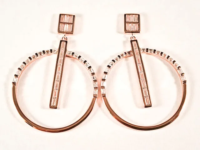 Modern Square With Large Round Dangle Design Baguette CZ Pink Gold Tone Silver Earrings