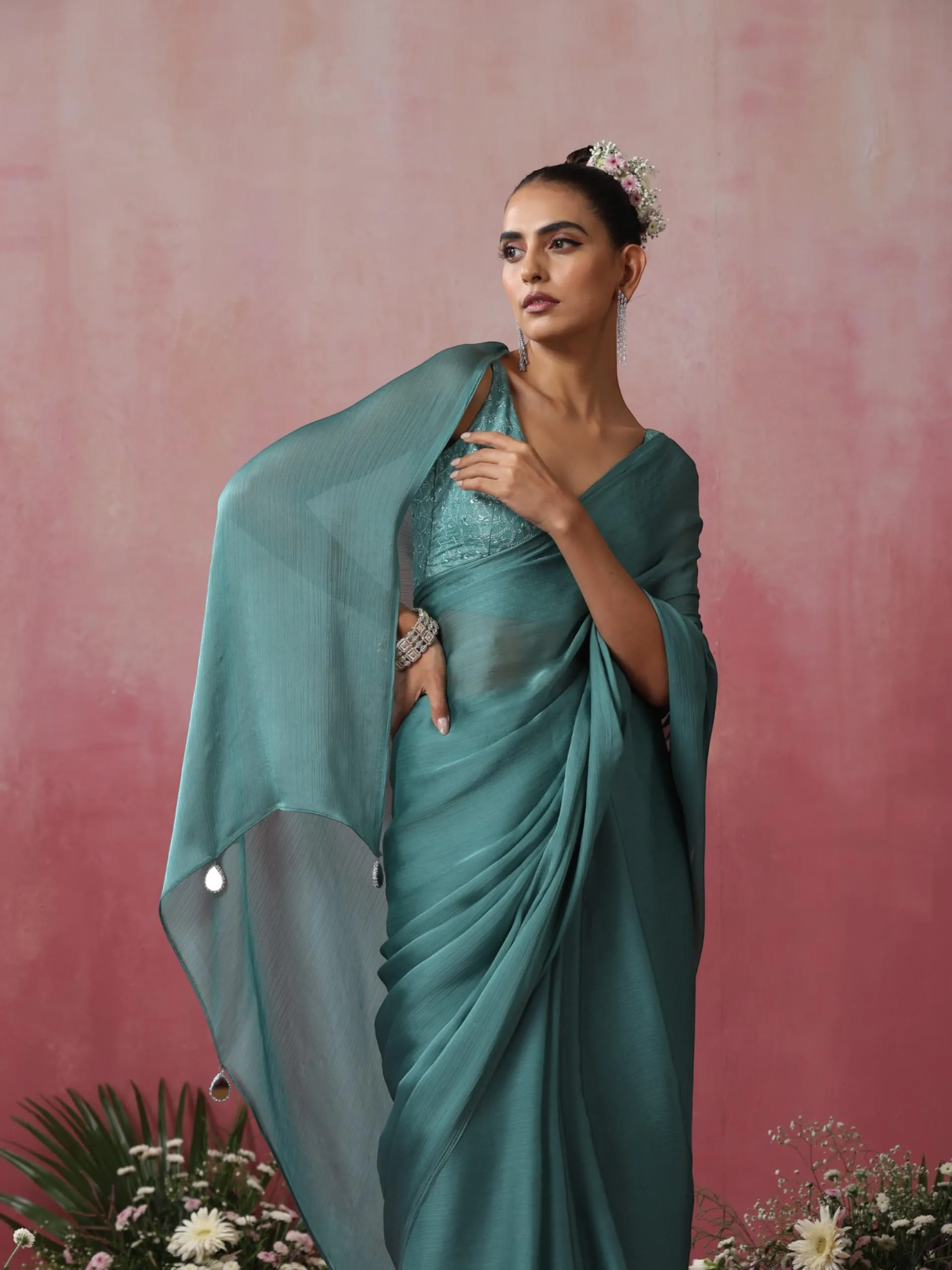 Mud Green Chiffon Saree with Pendants and Embroidered Blouse Fabric