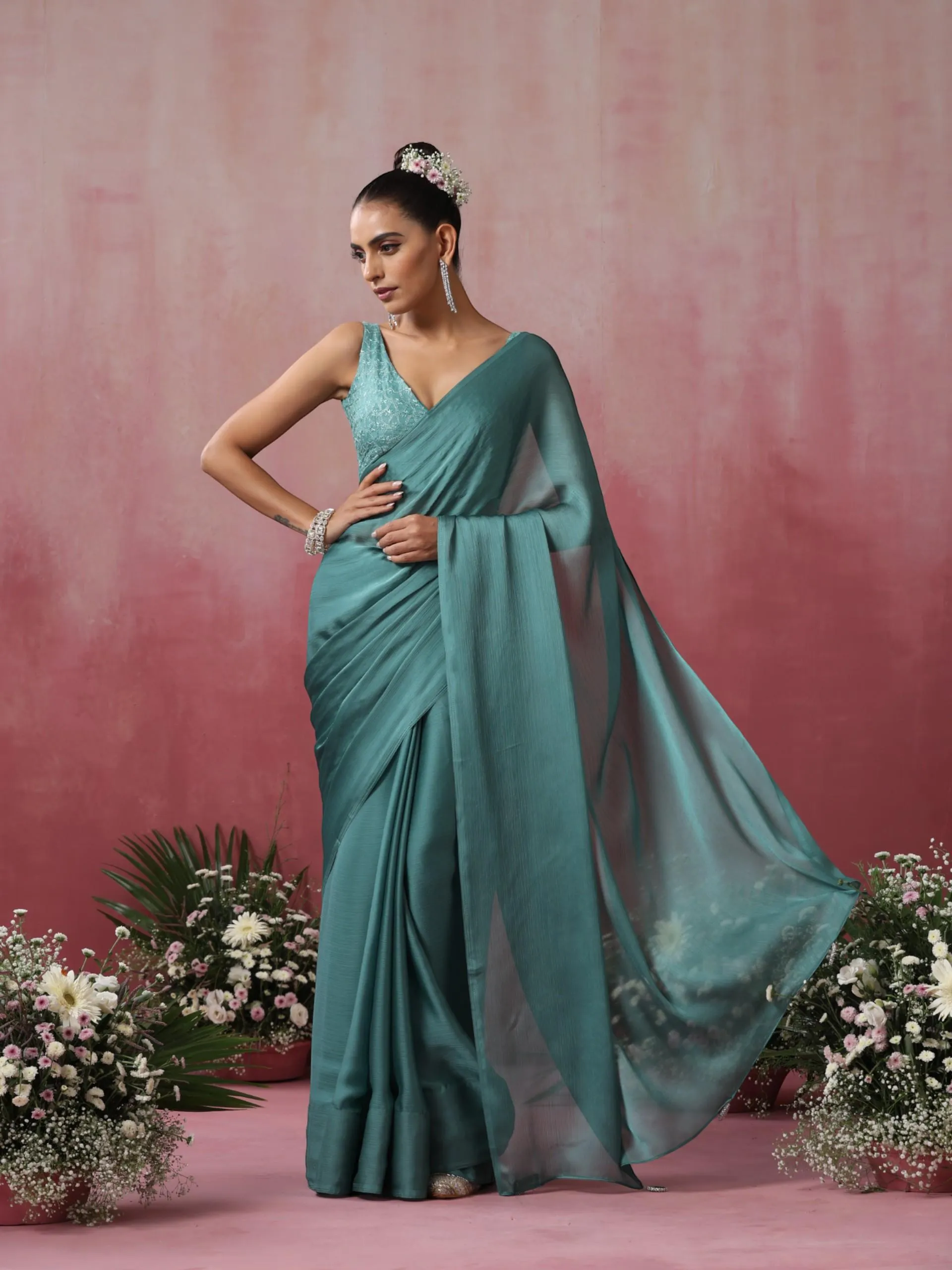 Mud Green Chiffon Saree with Pendants and Embroidered Blouse Fabric