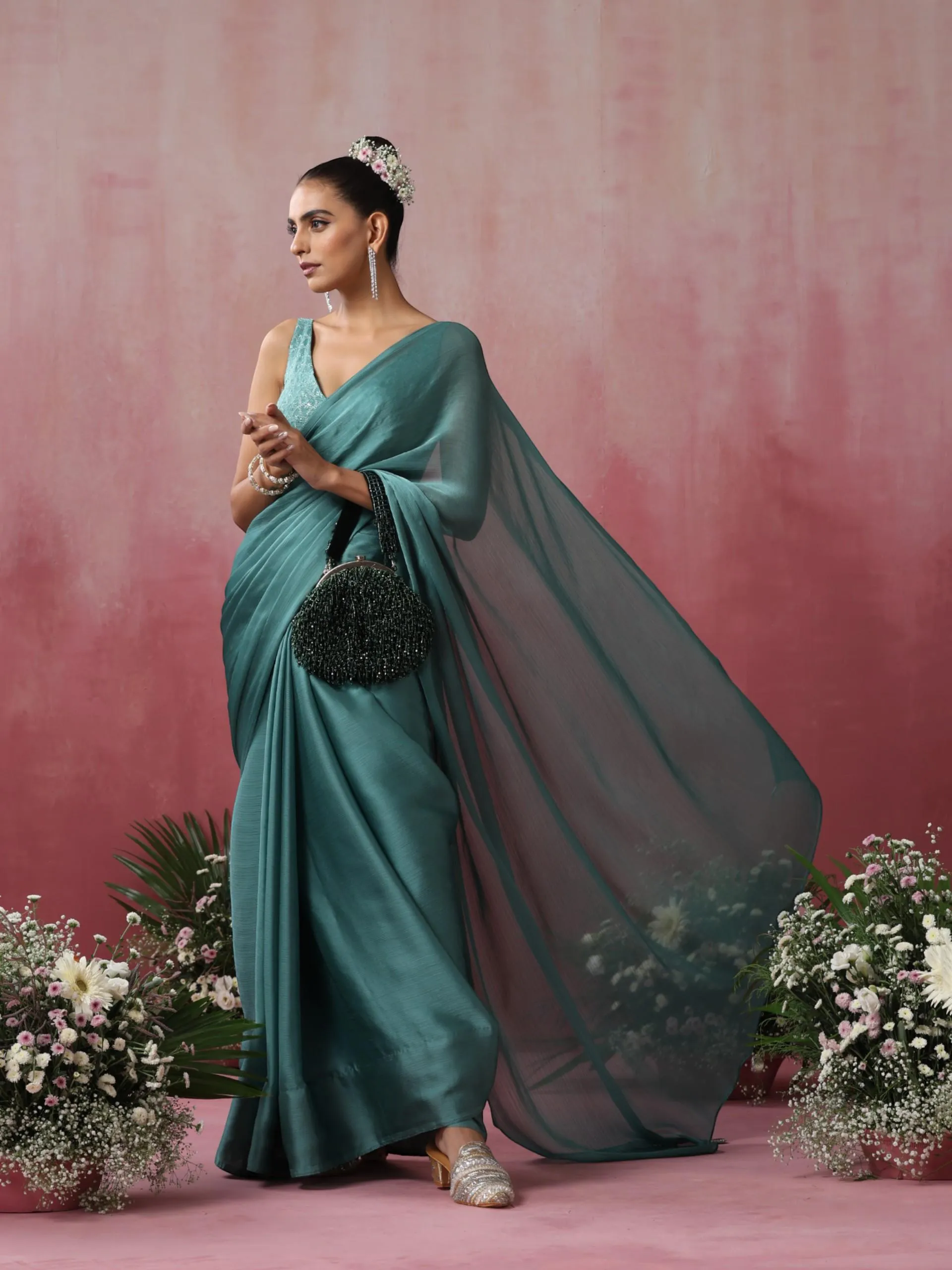 Mud Green Chiffon Saree with Pendants and Embroidered Blouse Fabric