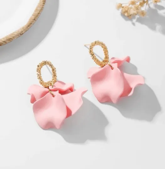 Pink - Baby Pink hanging dangly bridal earrings frosted petals crumpled textured statement | golden geometric floral earrings | christmas