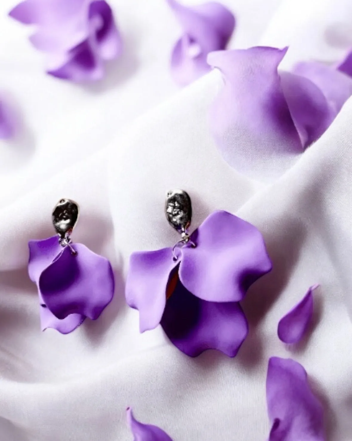 Purple - Sweet purple flower earrings | dangle petals baroque earrings | unique silver with pearl floral earrings | bridal party wedding earrings