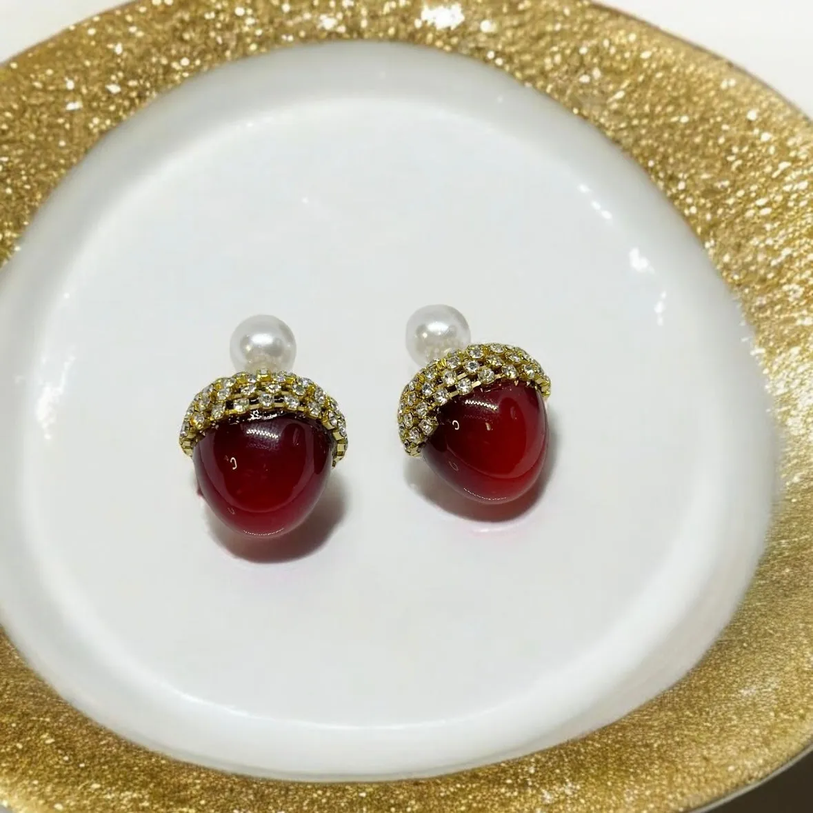 Red cherry studs  earrings | glitter rhinestones | statements earrings