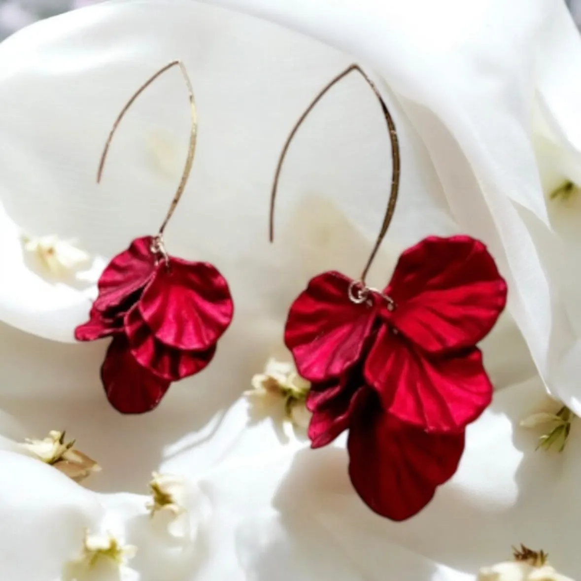 Red - iridescent flower earrings | gold shinny shell petals dangle earrings |unique floral earrings | bridal party wedding earrings