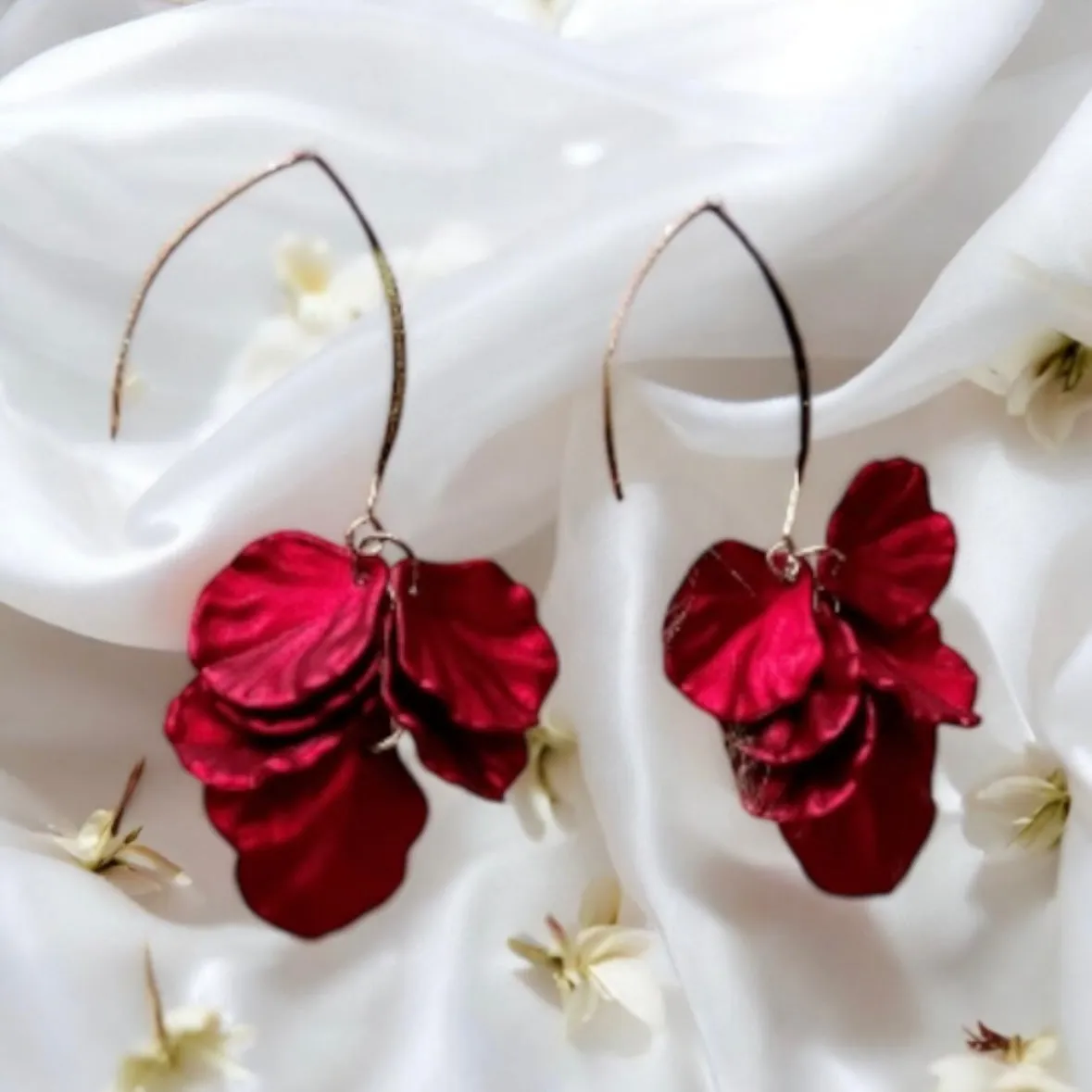 Red - iridescent flower earrings | gold shinny shell petals dangle earrings |unique floral earrings | bridal party wedding earrings