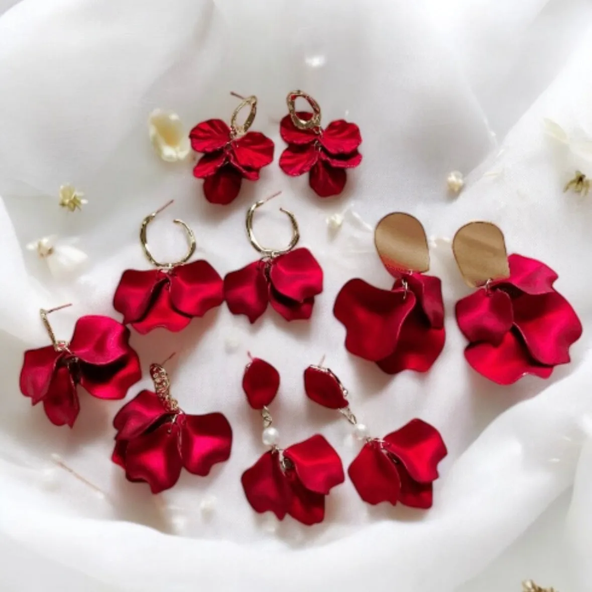 Red - iridescent flower earrings | gold shinny shell petals dangle earrings |unique floral earrings | bridal party wedding earrings