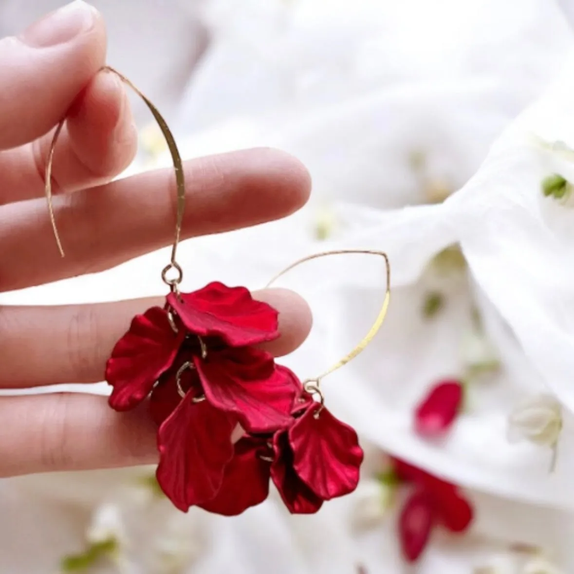 Red - iridescent flower earrings | gold shinny shell petals dangle earrings |unique floral earrings | bridal party wedding earrings