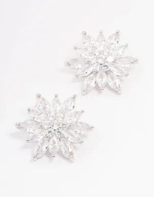 Rhodium Cubic Zirconia Flower Stud Earrings