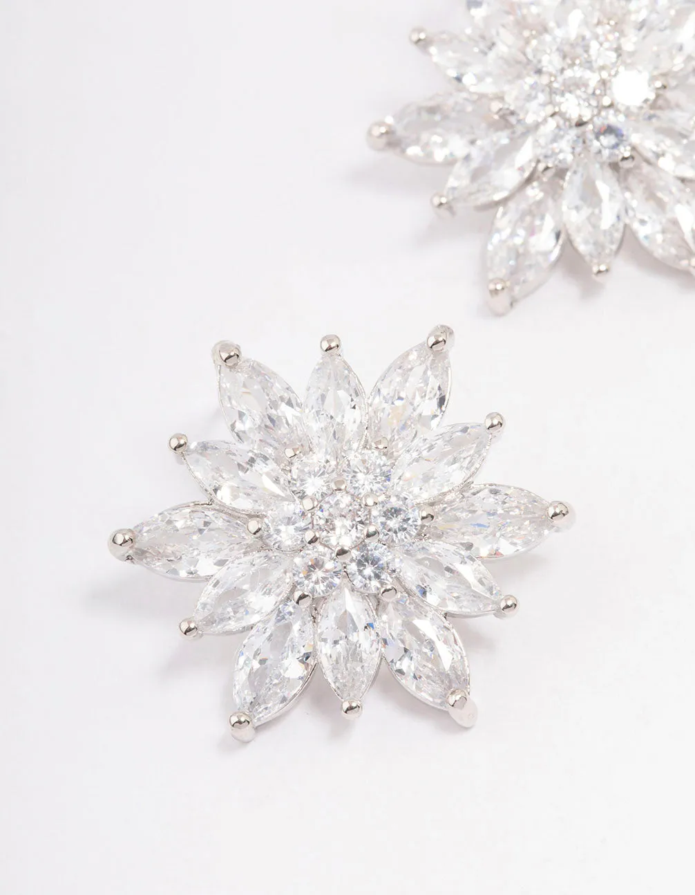 Rhodium Cubic Zirconia Flower Stud Earrings