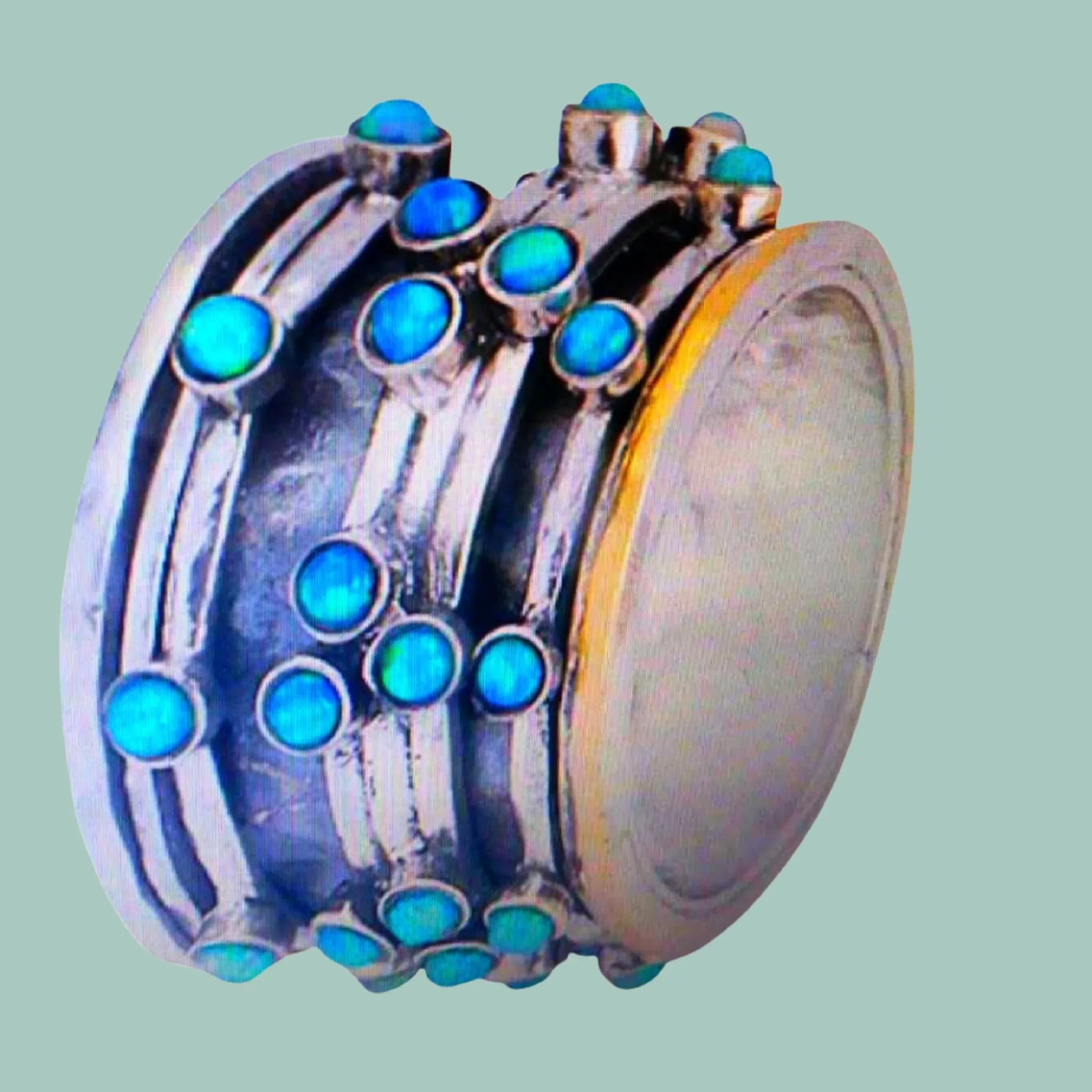 Spinner rings. Meditation rings. Silver gold ring for woman set with blue opals.