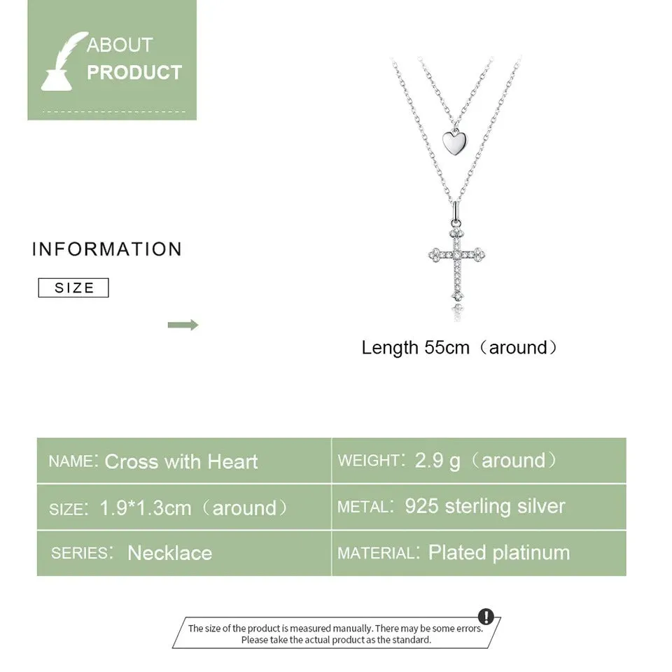 Sterling Silver 925 Cross and Heart Double Layer Pendant Necklace for Women Pave Setting CZ Simple Fine Jewelry