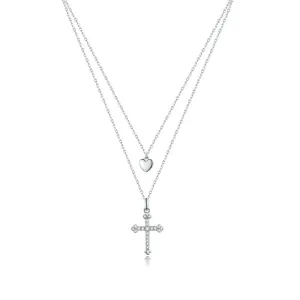 Sterling Silver 925 Cross and Heart Double Layer Pendant Necklace for Women Pave Setting CZ Simple Fine Jewelry