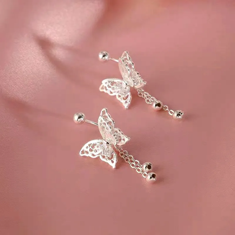 Sterling Silver Elegant Butterfly Tassel Earrings