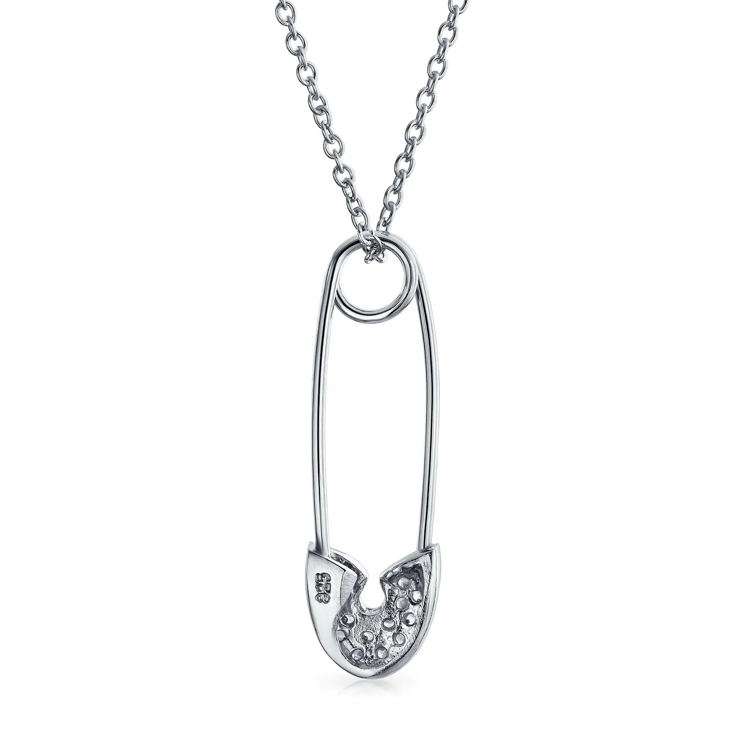 Symbolic CZ Safety Pin Pendant Necklace in Sterling Silver for Displaced Support