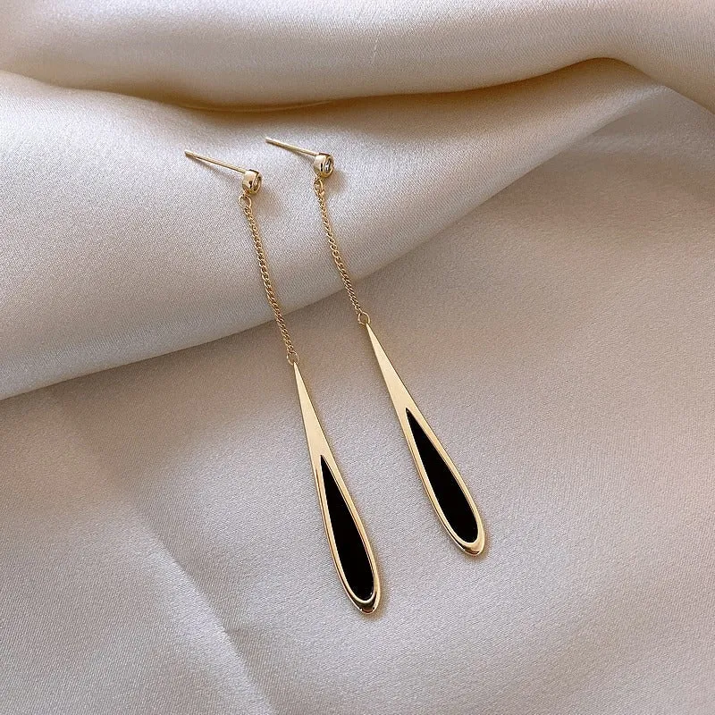 Tassel Long Black Drop with Gold Lining Statement Earrings